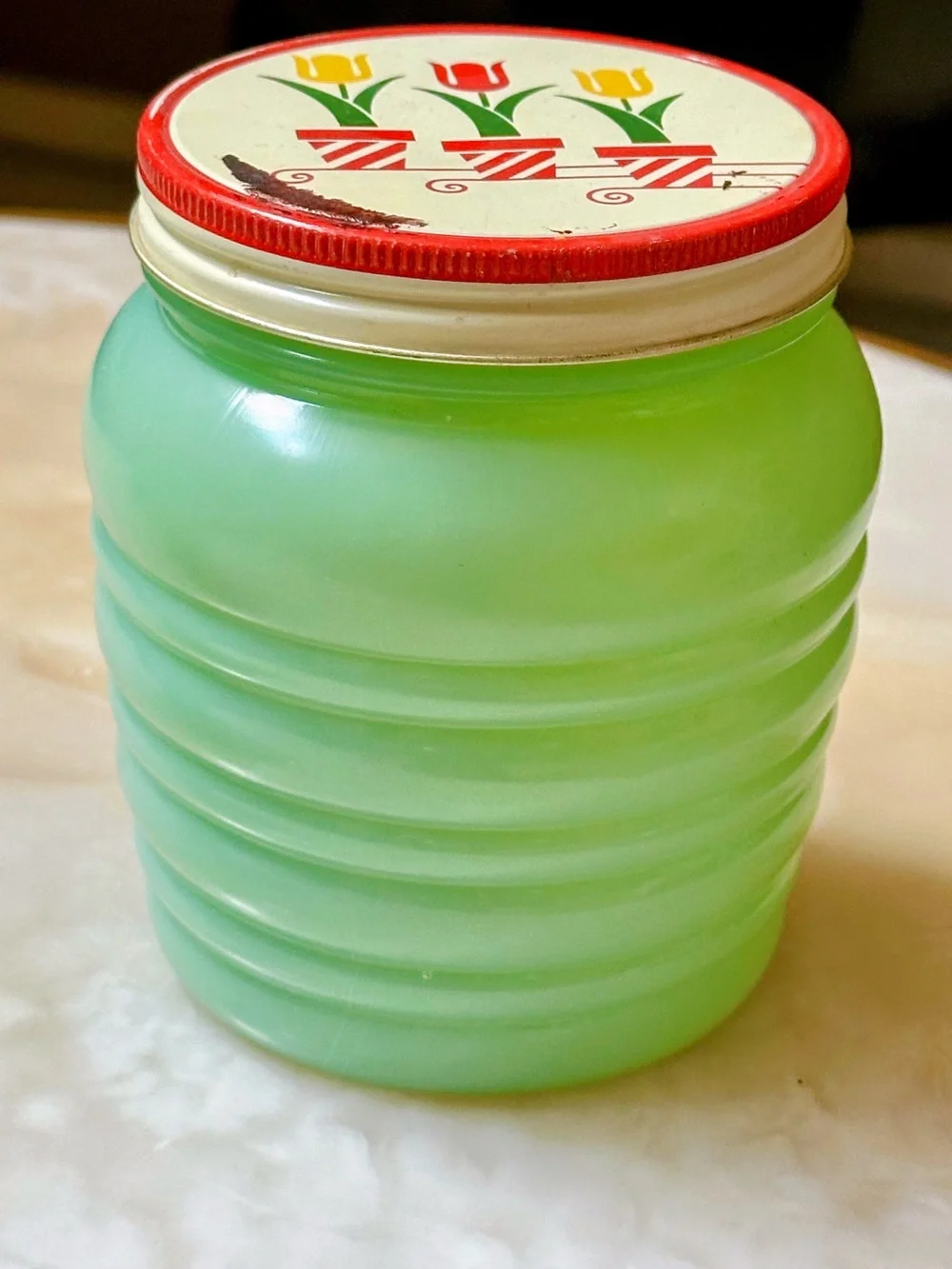 Fire King Jadeite Ribbed Glass Jars with Red Floral Lids